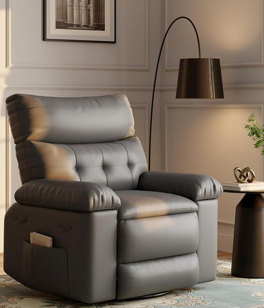 GarveeHome Oversized 27" Recliner Chairs, Classic Manual Leather Recliner, Home Theater Seating with Lumbar & Arms Support for Living Room, Bedroom and Nursery - Grey