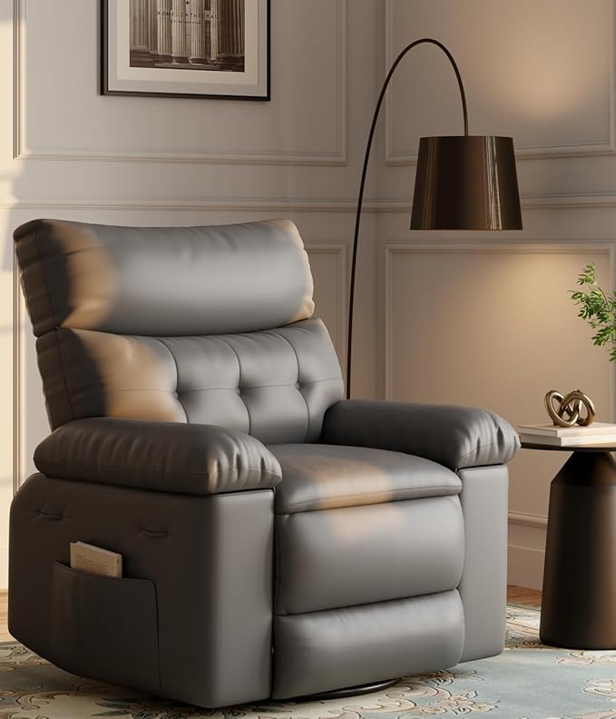 GarveeHome Oversized Recliner Chairs, Classic Manual Leather Recliner, Home Theater Seating with Lumbar & Arms Support for Living Room, Bedroom and Nursery - Grey
