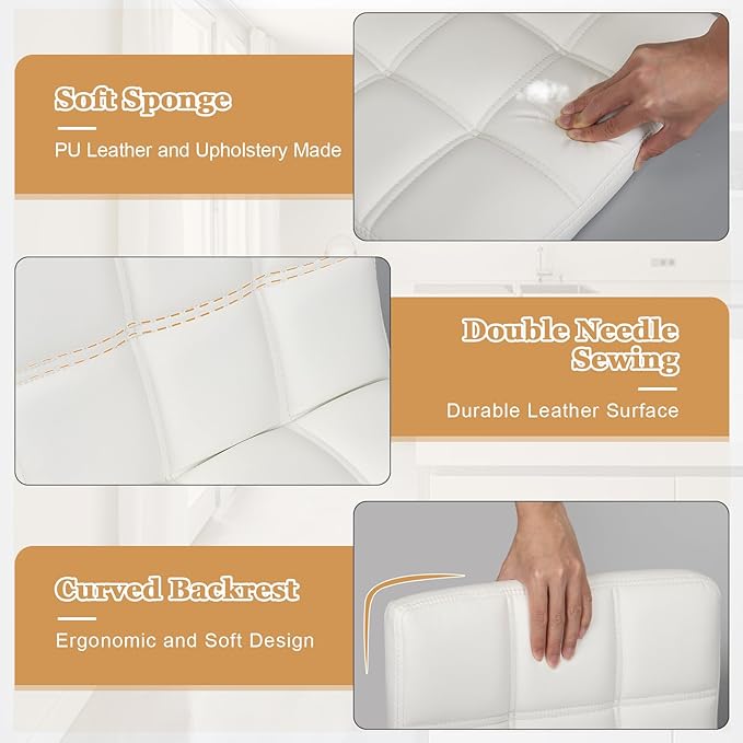 Bar Stools Set of 2,Armless Adjustable Swivel Barstools with Back,6-Squares Double Needle PU Leather Counter Height Bar Stools for Kitchen Island,White