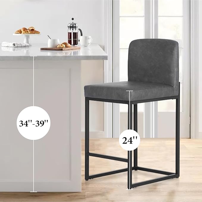 PHI VILLA Grey Bar Stools Set of 4 - Counter Height 24'' Bar Stool Pu Leather Kitchen Modern Bar Chairs, Bar Stools with Back