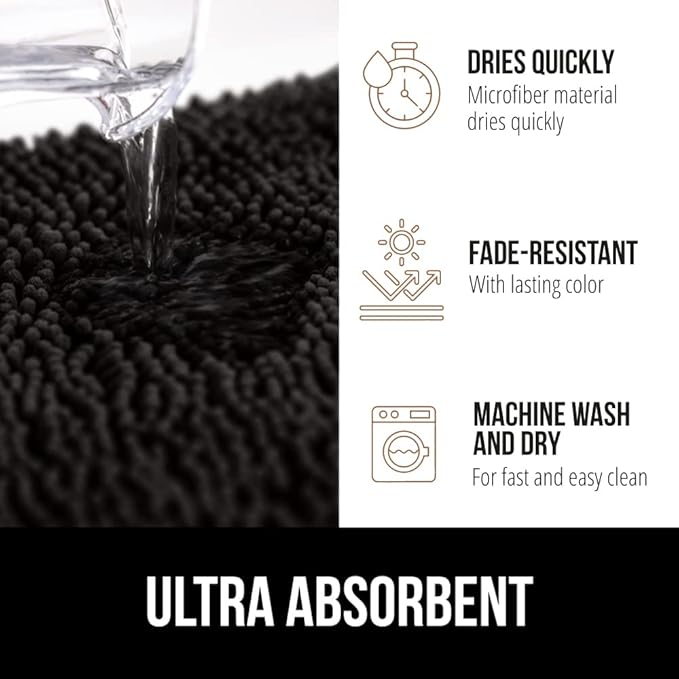 GORILLA GRIP Bath Rug Mat 44x26, Thick Soft Absorbent Chenille, Quick Dry Microfiber Mats, Rubber Backing Washable Shower Floor Rugs, Bathmat Runner, US Designed Bathroom Home Decor Accessories Black