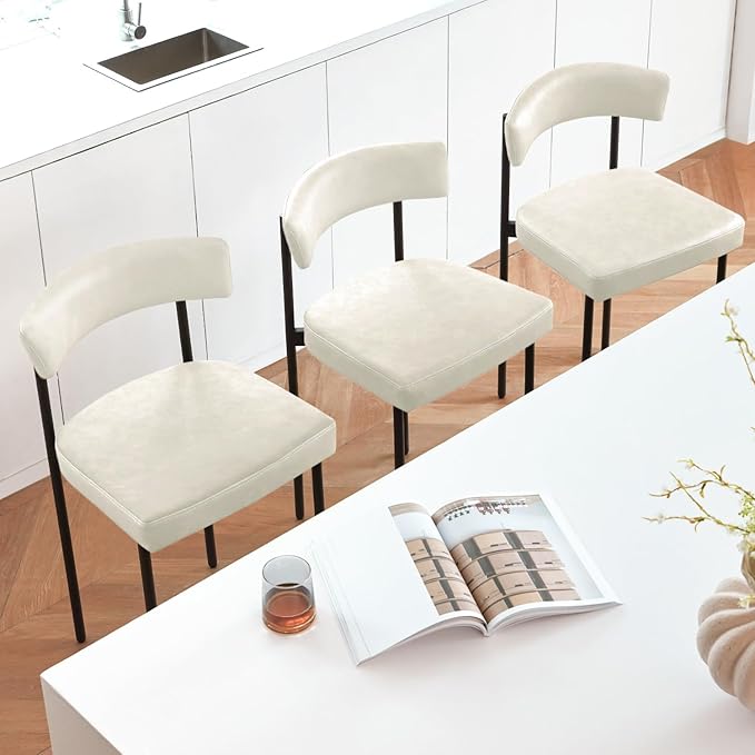 Beige Modern Bar Stools Set of 3, 24 Inch Faux Leather Counter Stools with Curved Backrest, Counter Height Bar Stool for Kitchen Island