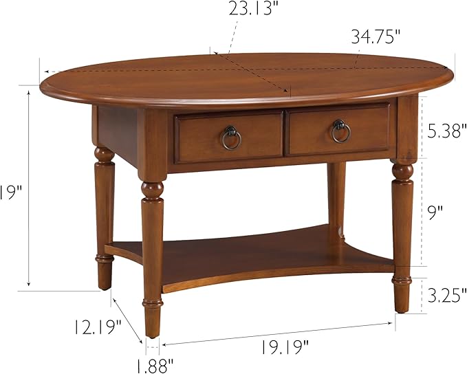 Coastal Solid Wood Oval Coffee Table with Shelf and Drawer, Rich Pecan Brown, Perfect for Living Rooms and Small Spaces – Leick Home, 20044-PC