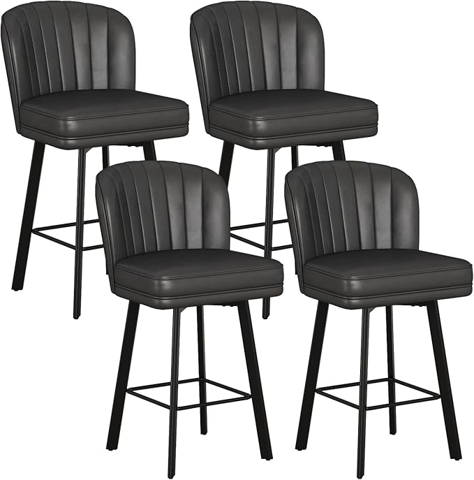 Swivel Counter Height Bar Stools Set of 4, 26'' Modern Barstools with Backs and Metal Legs, Upholstered Bar Chairs, Faux Leather Black Stools for Kitchen Island Chairs