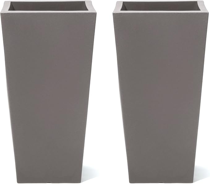 Step2 Tremont Tall Square Tapered Planter, Large Planters for Outdoor Plants, Gardening and Flower Pot for Patio or Porch, Efficient Drainage, Durable Plastic, Dark Cedar, 2-Pack