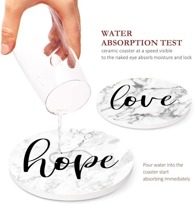 Britimes Coaster for Drinks Set of 6, White Marble Inspirational Love Absorbent Round Ceramic Stone Mat, with Cork Base and Metal Holder, Gift for Housewarming Room Bar Decor