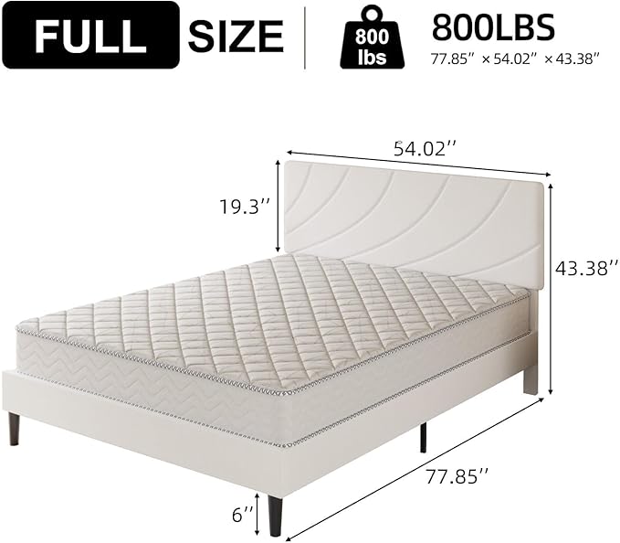 HOMBCK Full Size Bed Frame with Adjustable Headboard, Full Bed Frame with Linen Fabric Upholstered, Strong Wooden Slats, No Box Spring Needed, Noise Free, Easy Assembly, White