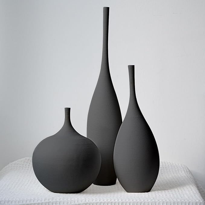 Black Ceramic Vase Modern Boho Wabi-Sabi Flower Vase Set of 3 Decorative Aesthetic Vases for Centerpieces Matte Minimalist Vases for Living Room Table Shelf Home Decor Gift