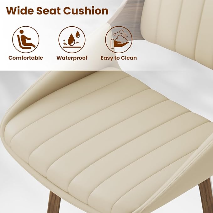 Bar Stools Set of 1, 26" Swivel Counter Height Barstools with Walnut Bentwood Back and Legs, Mid-Century Modern Faux Leather Upholstered Cream Bar Chairs for Kitchen Island, Café, Dining Room, Beige