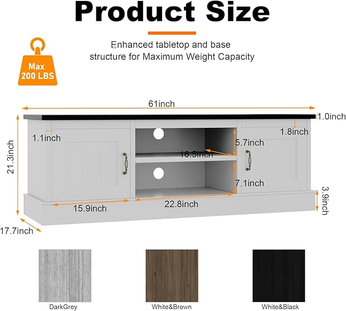 Farmhouse TV Stand for 65 Inch TVs Entertainment Center with Storage Cabinets Modern Media Console Table Rustic Wood Design for Living Room Office 61 * 17.7 * 21.7 Inch White&Black