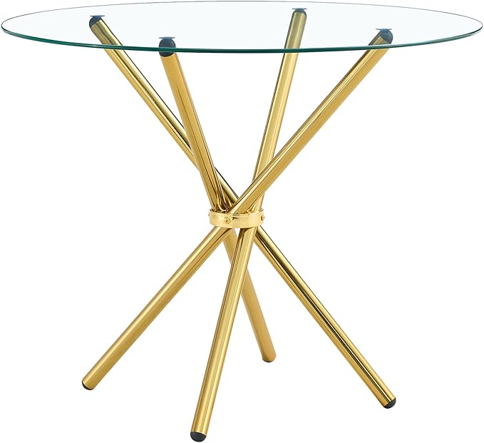 Kitchen Table for 2 Modern 36.6" Round Glass Table Small Tables with Trestle Metal Leg for Living Room and Apartment, Gold