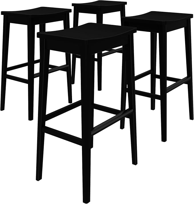 Plank+Beam Smythe Bar Stool, 30", Set of 4, Sturdy Wood Modern Kitchen Bar Height Stool, Saddle Seat Backless Bar Chair, Metal Footrest, Black