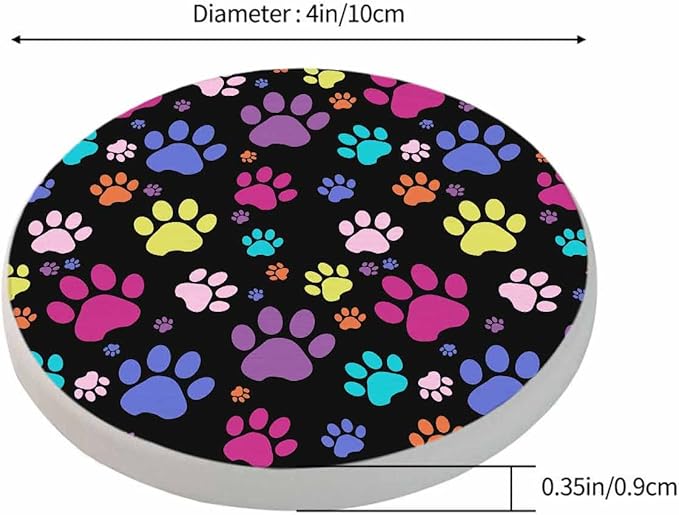 Colorful Paws Drink Coaster Repeating Cute Animal Puppy Cats Paws Print Beautiful Home Decor Diatomite Heat-Resistant Diatomite 4 Inch for Cold Drinks Wine Mugs Cups