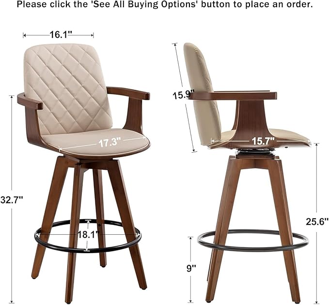 Counter Stools Set of 2, Upholstered Faux Leather Counter Height Bar Stools, Swivel Counter Chairs with Wooden Arms and Legs(Beige, 26" Seat Height)