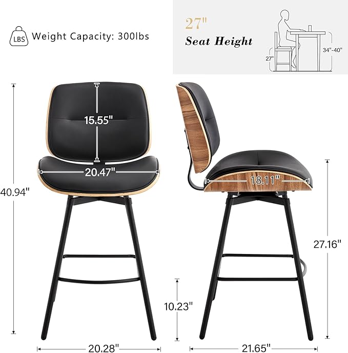 Mid Century Modern Counter Stools Set of 2, 27" Swivel Bar Stools with Metal Legs, Faux Leather Upholstered Bar Chairs with Footrest for Kitchen Island & Dining Tables, Black