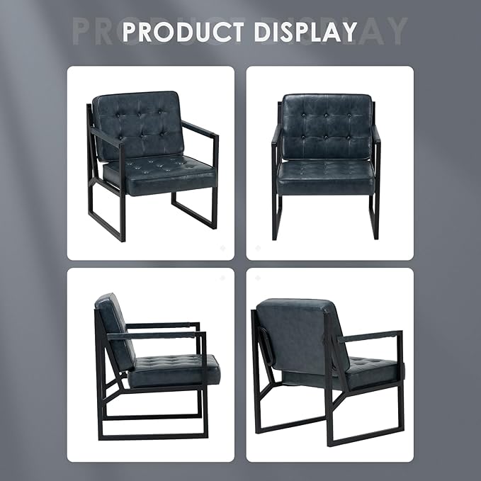 COLAMY Accent Chairs Set of 2, Modern Accent Arm Chairs for Living Room, Comfy Leather Armchairs with Metal Legs for Bedroom Reception Room, Blue