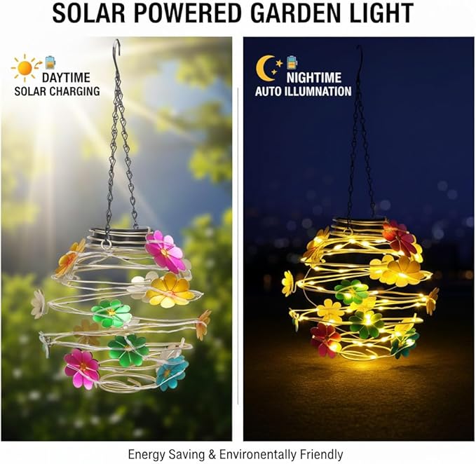 2 Pack Solar Lanterns Outdoor Waterproof , 30LED Hanging Lights with Flower Patterns for Garden Patio Yard Decor, Gift for Grandma Gardeners Women