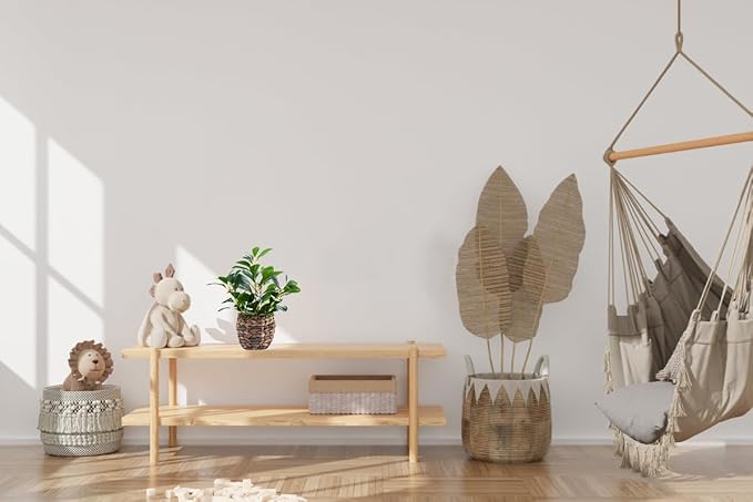 Artificial Vibrant Plants 14.2 inches Tall Fake Outdoor Greenery Plants with Ficus Leaves in Brown Rattan Planter for Indoor Home Office Garden Modern Decoration Ideal Housewarming Gift