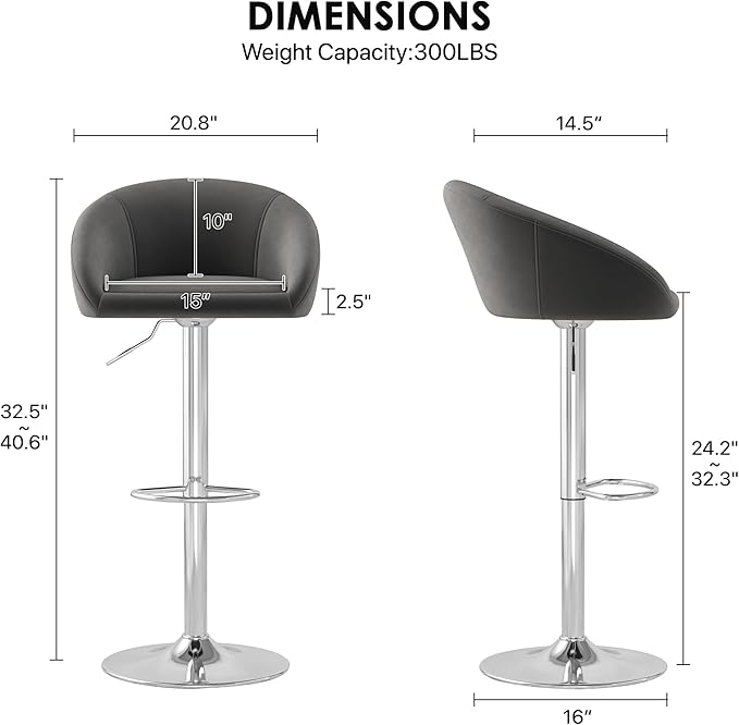 KCC Velvet Bar Stools Set of 6, Counter Height Bar Stools with Low Back, Swivel Barstool for Kitchen Island, Bar Pub (Gray)