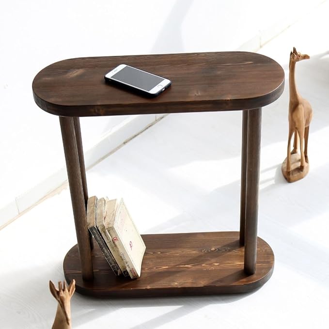 Oval Solid Wood Narrow Side Table, Slim End Table, Small Coffee Table (Dark Walnut, Medium)