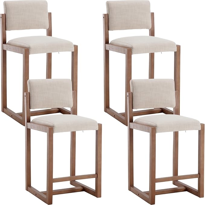 Mid-Century Bar Stools Set of 4, 26 Inch Modern Counter Stools Linen Fabric Bar Chairs with Backrest Wooden Frame for Kitchen Island Dining Room, Beige