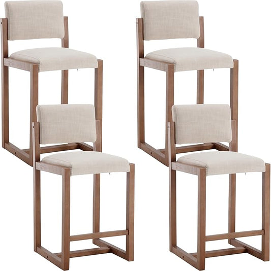 Mid-Century Bar Stools Set of 4, 26 Inch Modern Counter Stools Linen Fabric Bar Chairs with Backrest Wooden Frame for Kitchen Island Dining Room, Beige