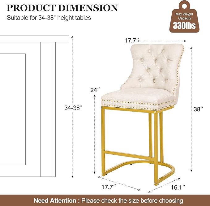 Counter Height Bar Stools Set of 4, 24" Modern Barstools with Back, Frbric Upholstery Counter Chairs with Metal Legs for Kitchen Island, Bar, Counter, White