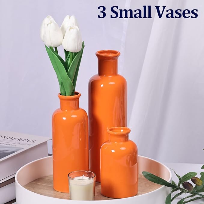 Orange Ceramic Vase Set for 3, Modern Minimalist Decor Boho Vases, Farmhouse Home Décor Accents Living Room Centerpieces, Suitable for Home Décor,Room,Entryway, Bookshelf, Mantel, Shelf Décor