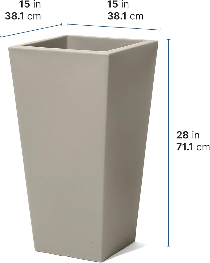 Step2 Tremont Tall Square Tapered Planter, Large Planters for Outdoor Plants, Gardening and Flower Pot for Patio or Porch, Efficient Drainage, Durable Plastic, Concrete, 1-Pack