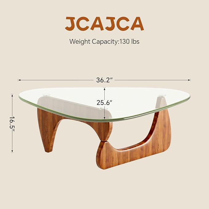 Coffee Table for Living Room Mid Century Modern Center Table with Glass Top, Walnut Transparent