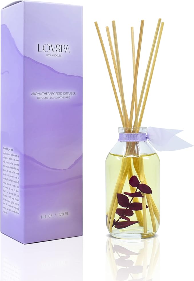 LOVSPA Reed Diffuser Set, DE-Stress Lavender Eucalyptus Scented Oil Diffuser with Sticks, Home Fragrance Accessories for Bathroom Shelf Decor, Aroma Diffusers for Home or Office Desk, USA Made
