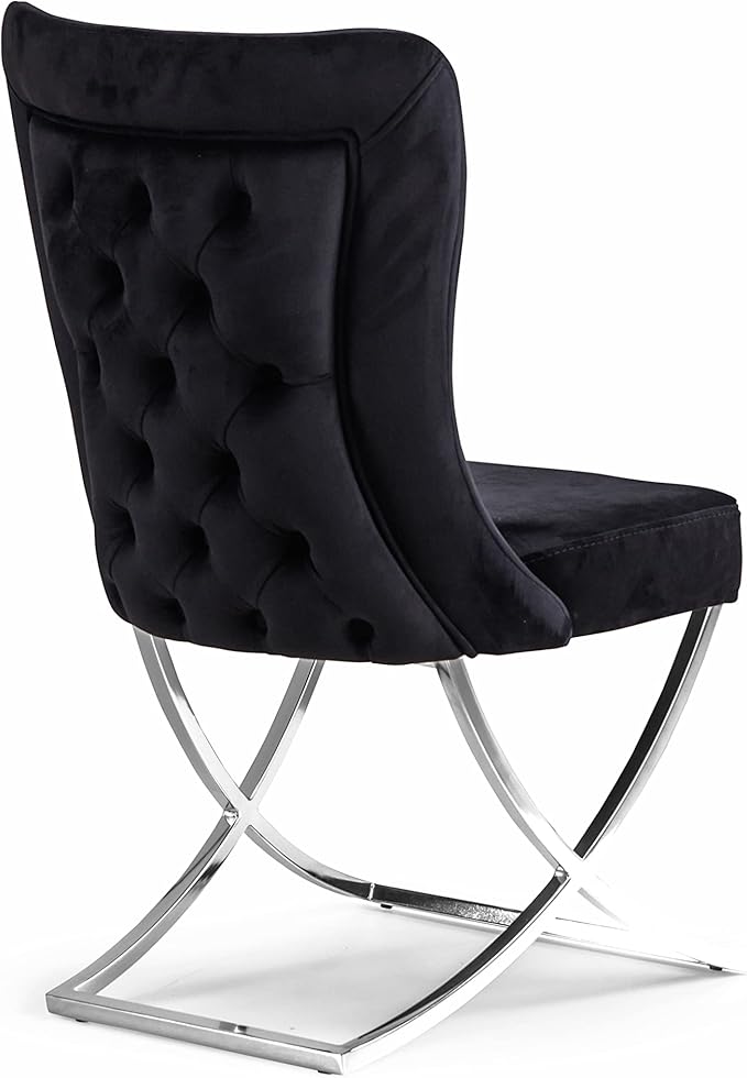 Ottomanson Royal Dining Chairs Set of 4 – Upholstered Tufted Microfiber, Assembled, Silver Metal Legs, Beech Wood Frame, 350 lb Capacity, Black
