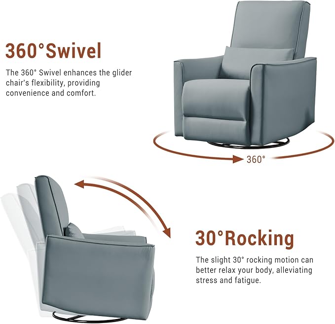 GarveeHome Recliner Chair, 360° Swivel Rocker Glider Nursery Chair with Padded Armrest and Deep Seat, PU Leather Upholstered Reclining Sofa Chair for Living Room, Bedroom and Nursery (Gray)