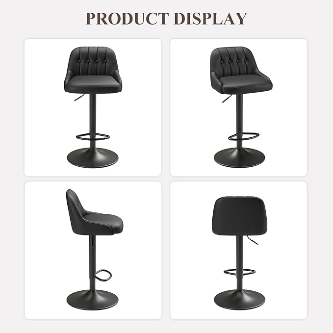Bar Stools Set of 3, Swivel Bar Chairs, Modern Adjustable PU Leather Upholstered Barstools Counter Height with Tufted Back for Bar, Kitchen Counter Island, Dining Room, Black
