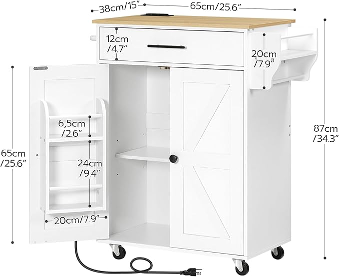 HOOBRO Kitchen Island with Power Outlet, Kitchen Storage Island with Large Worktop, Spice Rack and Drawer, Rolling Island on Wheels, for Dining Room, White and Natural