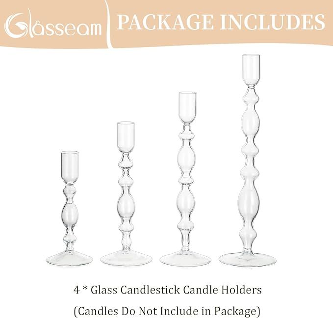 Glasseam Glass Candle Holders for Candlesticks: 4 Pcs Clear Taper Candle Holders Modern Tall Candle Stick Holder for Table Centerpiece Party Dining Room Home Decor Wedding