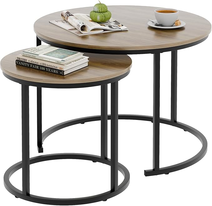 aboxoo Coffee Table Nesting Side Round Table Set of 2 End Table with Sturdy Metal Frame for Living Room Bedroom Apartment Modern Industrial Simple Nightstand,Oak