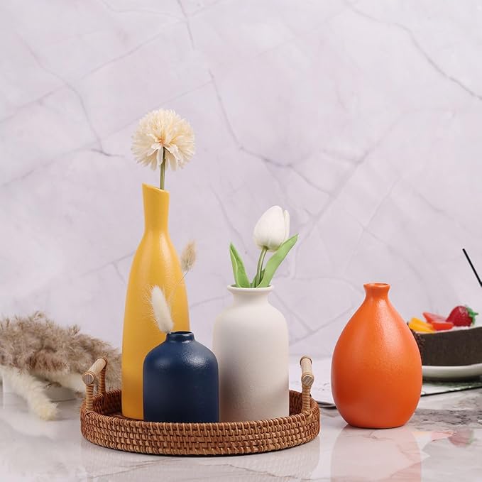 Colorful Ceramic Bud Vases Set of 4 - Modern Yellow, Orange, Blue Small Vases for Home Decor - Ideal for Living Room, Kitchen, Office, Bathroom, Mantle, Entrance, Farmhouse & Coffee Table Decorations