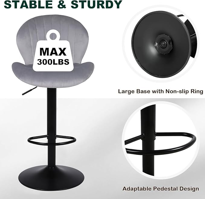 Modern Bar Stools Set of 2, Velvet Height Adjustable Swivel Barstools, Armless Kitchen Island Counter Chairs with Back & Footrest, Grey