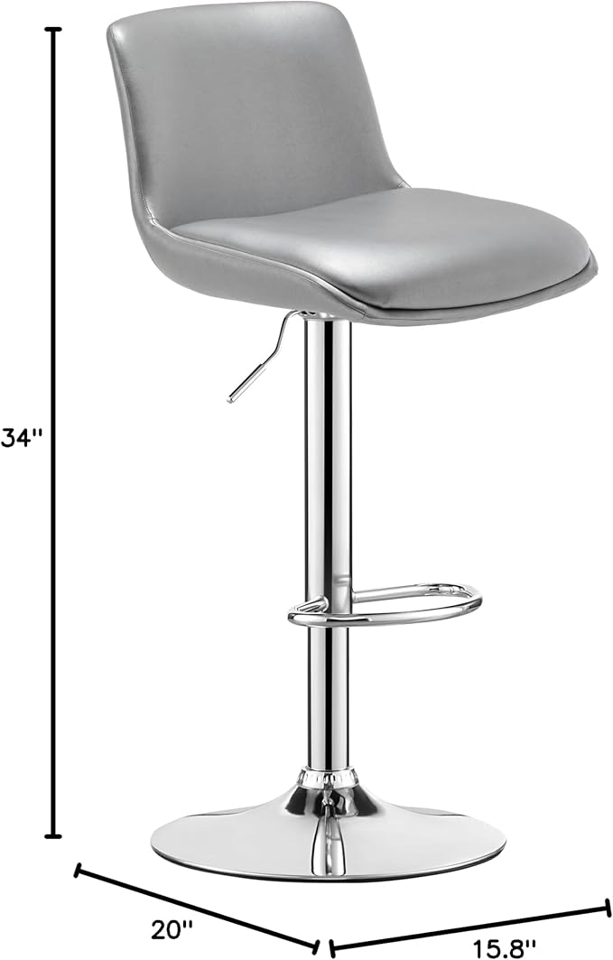 MINCETA Bar Stools,Modern Upholstered Swivel Stool with Back for Bar and Counter Height, Adjustable Height 24" to 34",1 Piece,PU in Sliver