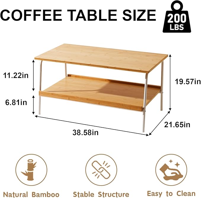 Coffee Table with 2 Tier Storage- Mid Century Modern Center Table, Farmhouse Bamboo Coffee Tables, Small Tea Tables for Living Room, Bedroom, Office, Patio (Natural)