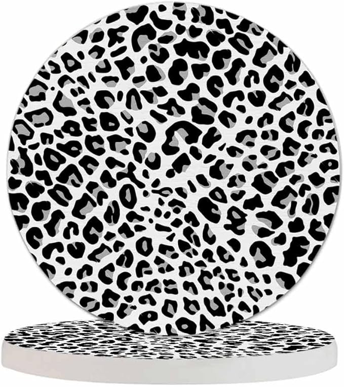 Leopard Pattern in Black and White Tones Round Coaster for Home Coffee Table Fashion Animal Decor Farmhouse Drink Coasters 100% Diatomite 4''X 4''X 0.35'' Printed Pattern