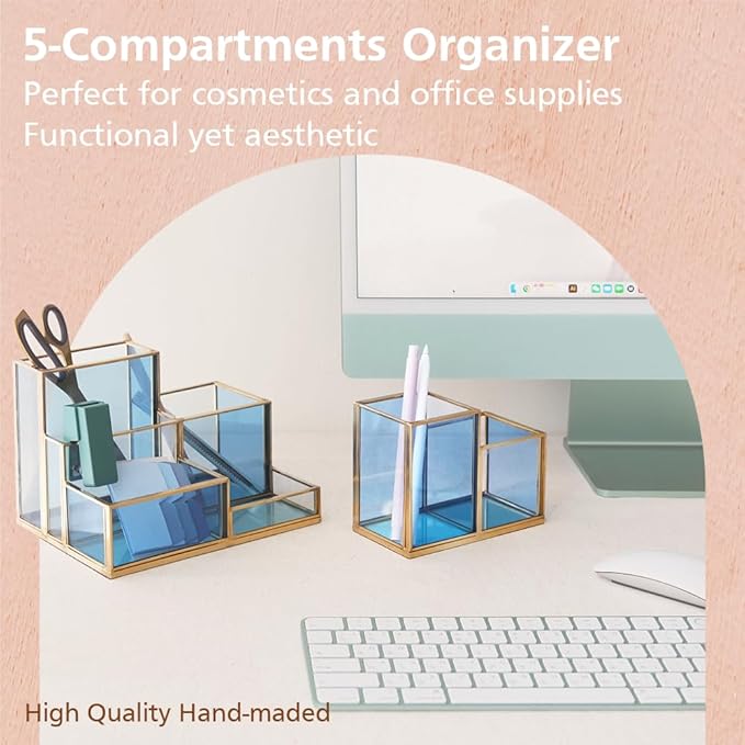 Gold & Blue Glass Desk Organizer - Elegant Office Decor, Aesthetic Makeup Brush Holder, 2-Compartment Pen Holder, Pencil Cup, Vanity & Cosmetic Storage, Desk Accessories for Women