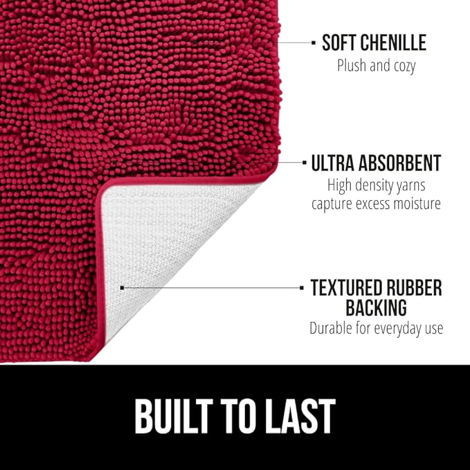 GORILLA GRIP Bath Rug Mat 30x20, Thick Soft Absorbent Chenille, Quick Dry Microfiber Mats, Rubber Backing Washable Shower Floor Rugs, Bathmat Runner, US Designed Bathroom Home Decor Accessories Red
