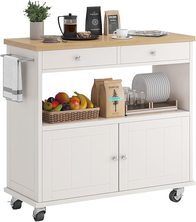 Rolling Kitchen Island with Storage Cabinet, 35.4'' Width Kitchen Cart, 2 Drawers Island Table, Portable Mobile Kitchen Island with Towel Rack, Wood Top and Lockable Wheels, White