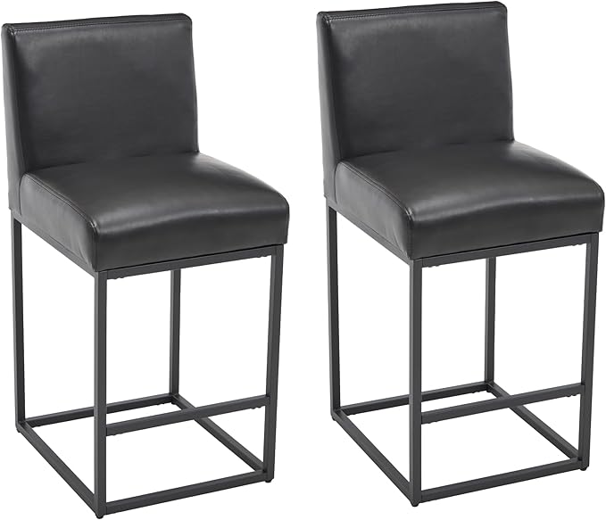 VESCASA Faux Leather 27 inches Counter Height Bar Stools with Padded Back, Modern Upholstered Counter Stool Chairs with Black Metal Frame for Kitchen Island, Set of 2, Black