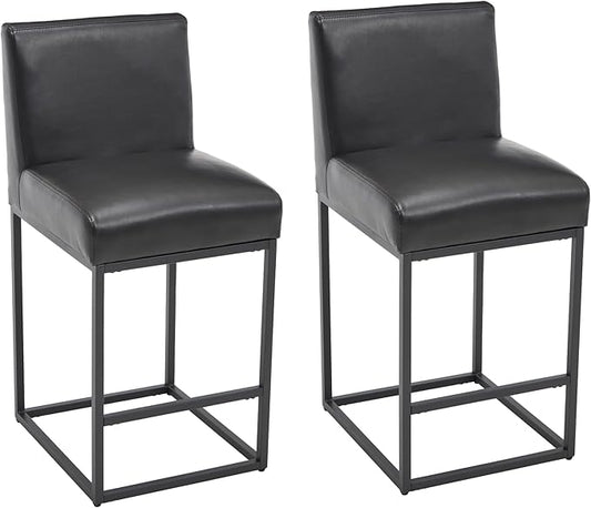 VESCASA Faux Leather 27 inches Counter Height Bar Stools with Padded Back, Modern Upholstered Counter Stool Chairs with Black Metal Frame for Kitchen Island, Set of 2, Black