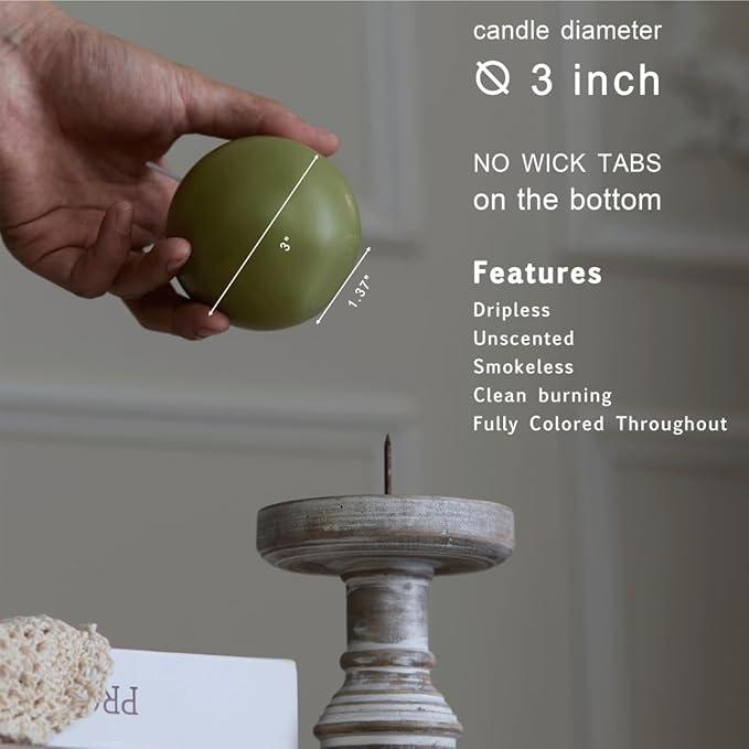 MOZEAL Hand-Poured, 3 Inch Olive Green Round Ball Candles - Elegant Olive Green Round Pillar Candles Set of 3, Dripless, Unscented, Smokeless, Ideal for Autumn Gatherings.