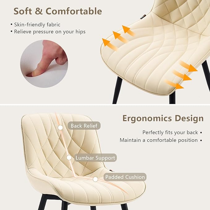 YOUNUOKE Dining Chairs Set of 2 Mid Century Modern Kitchen Chair Comfortable Upholstered Faux Leather Dinner Chairs for Kitchen Dining Room, Beige