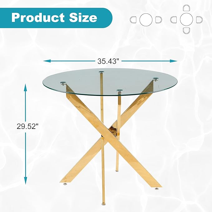Dining Table for 4 Modern Round Dining Table 35.43" Kitchen & Dining Room Tables with Metal Legs and Glass Tabletop for Dining Room and Apartment, Gold